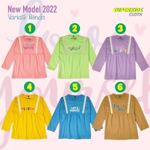 KAOS ANAK PEREMPUAN LENGAN PANJANG VARIASI RAMPEL RUFFLE RENDA BRAND SUPERKSIDCLOTH 1 - 11 TAHUN
