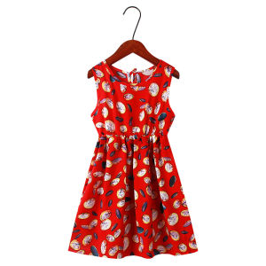 Girls Summer Cute Print Leaf O-neck Sleeveless Princess Silk Cotton Casual Dress
