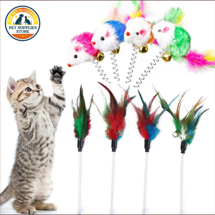 Cat Toy Pet Cat Puppy Spring Teaser Bell Feather False Mouse Stick