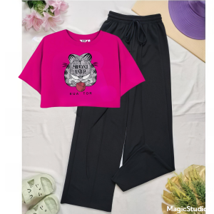 Setelan Crop Top Lengan Pendek Crewneck Atasan Stripe Dan Celana Panjang Monday Hater