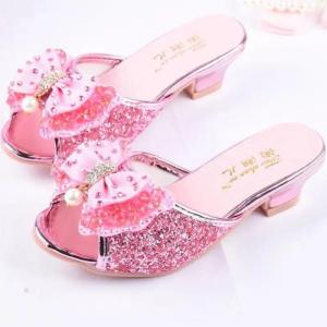 Girls Summer Sandals Slipper Sequined Leather Slipper For Kids Slides Princesse Children High Heel Party Dress Shoes