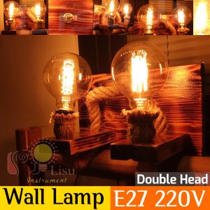 Lampu Dinding Tempel Hias Kayu Tambang Klasik Vintage untuk Cafe Restoran Double Head E27 220V