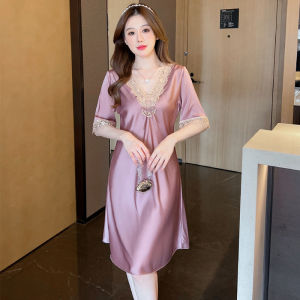 Womens Ice Silk Nightdress Lace Negligees Nighties for Ladies V Neck Sleepwear Nightwear M-3XL