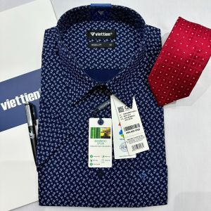 Áo sơ mi cộc tay Việt Tiến xanh họa tiết 1Q6259 có size lớn -100% CHÍNH HÃNG