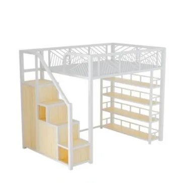 120*200cm White wood Left Side Loft Bed big compartment kids adults unisex trendy fashion look ins style clean and neat Kayu putih Katil Loteng Sebelah Kiri petak besar kanak-kanak dewasa uniseks fesyen bergaya kelihatan gaya bersih dan kemas