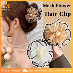 Flower Pearl Bud Bead Hair Clip Mesh Flower Hair Clip Shark Clip Womens Hairpin Accessories