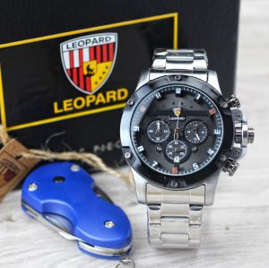 Jam tangan Leopard 8804 tali rantai tanggal chronograp aktif free gantungan kunci analog original pria