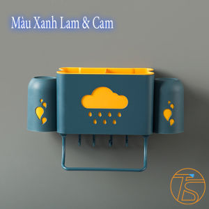 Kệ nhà tắm hình đám mây kèm 2 cốc treo 4 bàn chải đánh răng có 2 học ngăn để dầu gội sữa tắm - Kệ phòng tắm có móc treo bông tắm máng khăn