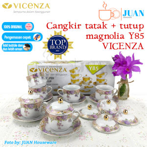 VICENZA Cangkir + tutup keramik motif Magnolia / 6 pasang cangkir Y-85