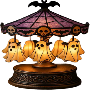 Specter CarouselLight Halloween Desk Lamp Vintage Carousel Decor with FloatingGhost Bats & Skeletons Warm Mood Lighting for Halloween Decoration & Home Decor