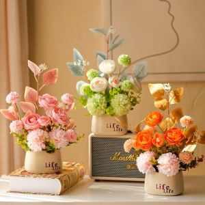 NOBLEE Hydrangea Artificial Flower Bonsai Ranunculus Multicolor Green Grass Potted Maintenance-Free Artificial Flower Bouquet Home Decoration