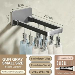 Folding hanger Wall Mount Drying Rack with clip Sock Underwear Clothes Drying with 8/12 Hidden Clips