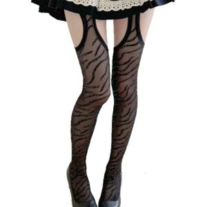 Zebras Print Silver Thread Sheer Pantyhose Thigh Cutout Faux Suspenders Nylon Tights Stockings for Women Fashion Hosiery