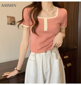 AMMIN เสื้อยืดสั้นคอสี่เหลี่ยมแขนสั้นผู้หญิงสไตล์เกาหลีแฟชั่นใหม่ฤดูร้อนกระชับภายในบางเสื้อแขนครึ่ง
