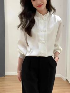 Ammin คอเสื้อแบบตั้งสไตล์จีนกระดุมสีขาวเสื้อเชิ้ต2024อารมณ์ทันสมัยการเดินทางในชีวิตประจำวันปรับปรุงเสื้อผ้าชีฟองชุดชาวจีนฮั่น