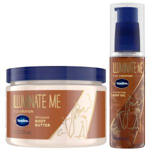 Vaseline Illuminate Me Body Butter & Oil - Kem dưỡng thể tạo hiệu ứng ánh nhũ bơ hạt mỡ hữu cơ dưỡng ẩm với khả năng giữ ẩm 24 giờ dành cho da giàu melanin dầu dưỡng làm sáng da (Bộ 2 sản phẩm)