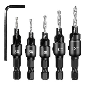 Superior quality 5X HSS Drill Bit Countersink Wood Drill Bit Set Cordless Step Drill Bits for Metal Woodworking #5 #6 #8 #10 #12(Silver)