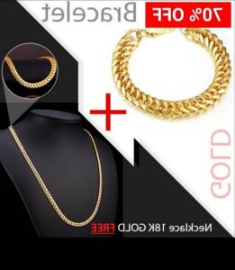 18k chain bracelet with FREE cuban necklace set 2pcs MENs jewelry. FREE ring and JESUS cross pendant