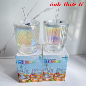 Ly thủy tinh cầu vồng ly thủy tinh đẹp cao cấp Ly Thủy Tinh 2 Tầng Cốc Uống Nước 400ml Kèm Ống Hút Có Nắp Phong Cách Hàn Quốc Tramanhshop