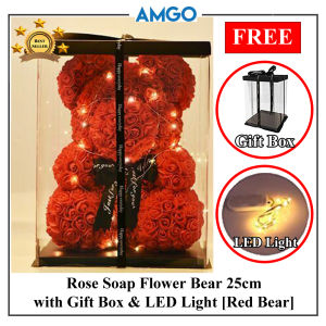 AMGO (White) 25cm Lovely Big Rose Soap Flower Bear With LED Light Toys Ornaments Gifts for Valentiness Day