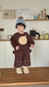 Baby Bear Two-Piece Autumn/Winter Outfit Korean Style Childrens Clothing 2025 Boys thickened sweatshirt and sweatpants set