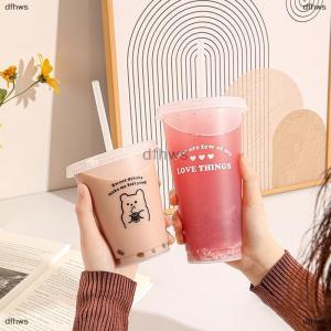[COD] dfhws Kawaii Water Bottle For Coffee Juice Milk Tea Cute Plastic Cold Cups With Straw Lid Portable Reusable Drinking Bottle BPA Free