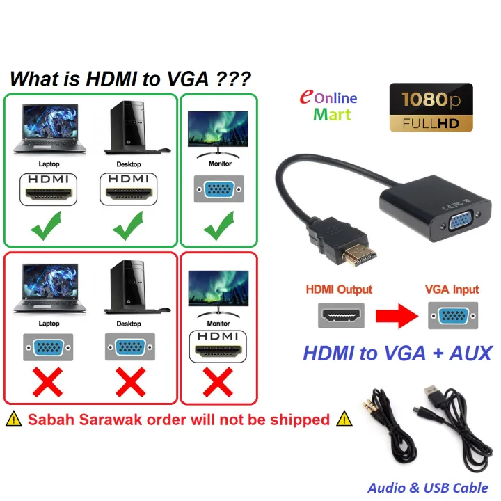 Full HD 1080p HDMI to VGA Video and Aux Audio Adapter Converter Cable ...