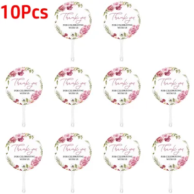 NOBLELUX 10Pcs Plastic Thank You Hand Fan Pink Floral Single-Sided Print Translucent Round Fan Gifts Translucent Photo Prop Fans Party Favor