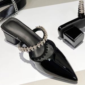 [Free Shipping] Elegant High-Heeled Slippers For Women 2026 Spring/Summer New Collection Featuring A Patent Leather Pointed-Toe Design And A Fashionable Closed-Toe Style