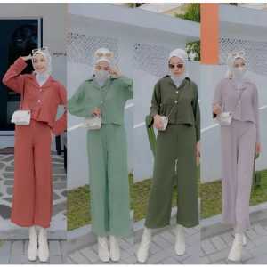 SETELAN WANITA CRINGKLE AIRFLOW ONE SET CROP TOP BLEZER KEMEJA VIRAL TERBARU