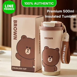 LINE FRIENDS Brown Insulated Tumbler 500ml 316 Stainless Steel Triple Drinking Modes LFB287