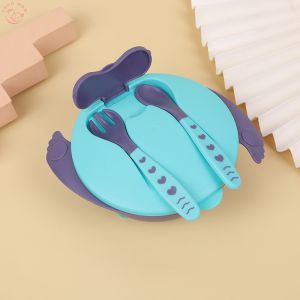 3 and 1 set of baby auxiliary bowl Learning dish Baby safe cutlery set temperature sensitive spoon Silicone portable baby bowl non-slip cutlery with fork spoon