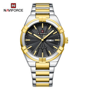NAVIFORCE Watch for Men Waterproof 2023 Fashion Casual Steel Strap Watches Gold with Double Calendar Luminous hands Display Quzrtz Wristwatch NF9218