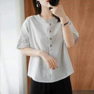 Jualan Panas@LUCKIN STORE Top for Women Women Pure Cotton Short Sleeve T-shirt Womens Stripe Cotton Linen Summer New Blouse