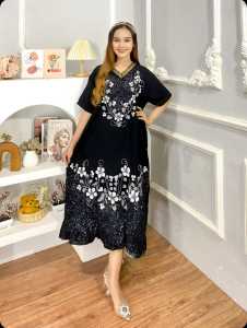 Daster wanita lukis 3d dress lukis bahan rayon santung premium