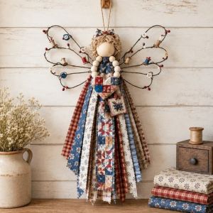 WPRA Layered Wings Angel Fabric Hanging DIY Craft Kit Precut Fabrics Buttons Angel Material Kit Festive Wall Decor DIY Fabric Angel Hanging Christmas