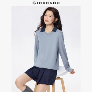 GIORDANO Women Sweatshirts Contrasting Collar V-Neck Sweatshirts Smooth Soft Terry Lining Fashion Casual Sweatshirts 05325807