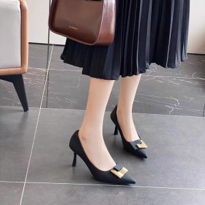 Free Shipping New Stiletto High Heels New Style Slip-On Shoes Versatile Pointed-Toe Pumps For All Seasons Elegant Square Buckle Shallow-Mouth Flats