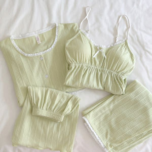 High-Grade Pajamas Womens Four-Piece Set Spring and Autumn Long-Sleeved Lace Cardigan Sweet for Outer Wear Home Wear Suit ㏇L0514