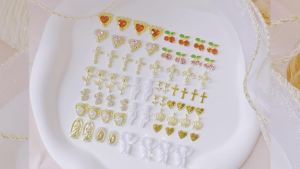 68 pcs Gold Nail Charms Set with Nail art charms Gold Cross Flower Cherry Hearts San Judas Virgin Mary and Angel 3D Chrome Nail Decorations