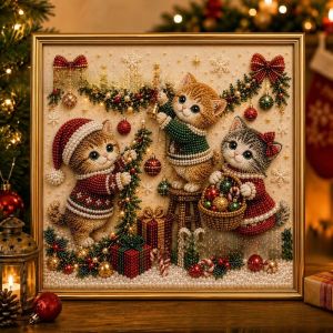 ADREE 1 Set 3D Pearl Effect Diamond Painting Art Kit Christmas Kitty Theme Handmade Kitty Diamond Painting Kit Durable DIY Pearl Art Kit Christmas Craft Decoration