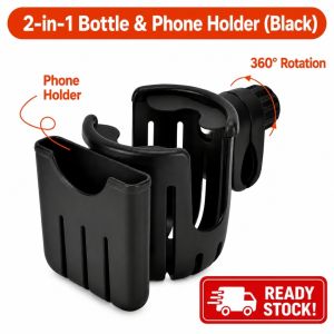 2-in-1 Stroller Bottle Cup Holder with Phone Holder | Baby Pram Bicycle Wheelchair Trolley Drink Bottle Mount Hook Holder - Black