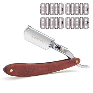 Zertone Straight Razors for Men Natural Wood Scale with 20 Double Edge Blades - Professional and Close Shaving Straight Edge Razor- Manual Shaver Barber Razor Blade (Aluminum)