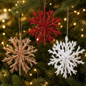 PYA94 3D Design Christmas Tree Pendant Plastic Material Glitter Finish Snowflake Hanging Ornament Festive Hanging Loop Design Glitter Snowflake Decoration Home Decor
