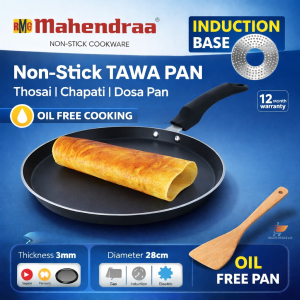 MAHENDRAA Non-Stick Dosa Tawa 28cm Induction Base 3mm Thick Thosai Chapati Pan Oil Free Cooking Gas & Induction Stove Compatible