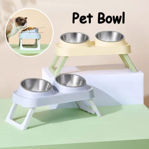 Foldable Stainless Steel Elevated Pet Bowl - Dual Dish Non-Slip Anti-Tip Raised Feeder with Neck Support for Cats Dogs