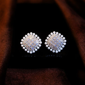 SEQUITO Delicate Pearl Jewelry Silver Plated Full Micro Pave Sparkling AAA Zirconia Geometric Square Stud Earrings Clothing Accessories SE1042