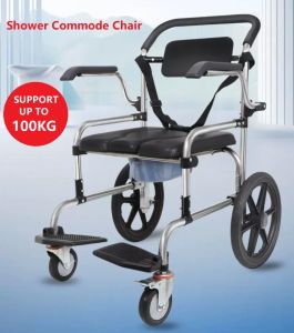 Elderly Shower Commode Chair with 100kg Support Black Cushion Armrests Footrests Large Rear Wheels Small Front Wheels Metal Frame Bathroom Use.