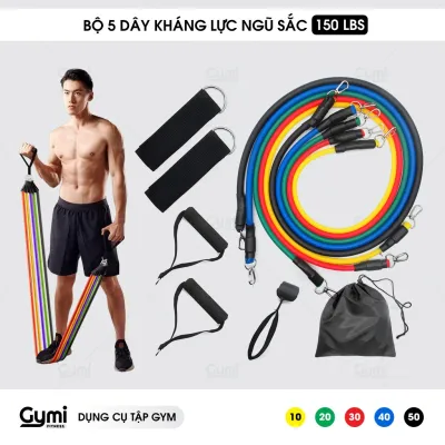 [150LBS + 11 Phụ Kiện] Bộ 5 Dây Ngũ Sắc Kháng Lực Nặng Đô Tập Thể Hình Toàn Thân Kèm Neo Cửa Đá Đùi - NguSac150LBS
