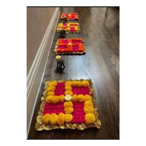 Rangoli Artificial Marigold Flower Rangoli Mat and Tealight Candle Holder Rajasthani Golden Gota Mat for Festive Decoration | Diwali Gift | Pooja Decor | Festive Decor (Size - 10inches | Color - Yellow & Orange)